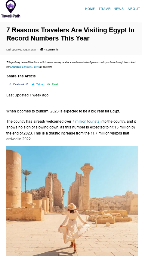  موقع “Travel off Path” يكشف رقم جديد لمصر في استقبال السائحين في 2023 