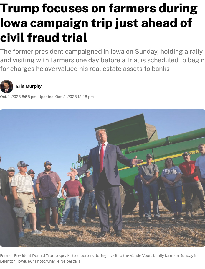 يركز ترامب على المزارعين خلال رحلة حملته الانتخابية في ولاية أيوا قبيل محاكمة الاحتيال المدني - (thegazette)